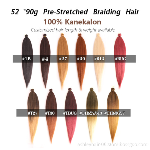 100% Kanekalon Pre Stretch Easy 52Inch 90G Synthetic Prestretched Three Color Bulk Custom Packaging Pre-Stretched Braiding Hair